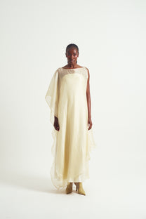 Strapless Satin Maxi Dress With Sheet Cape Overlay