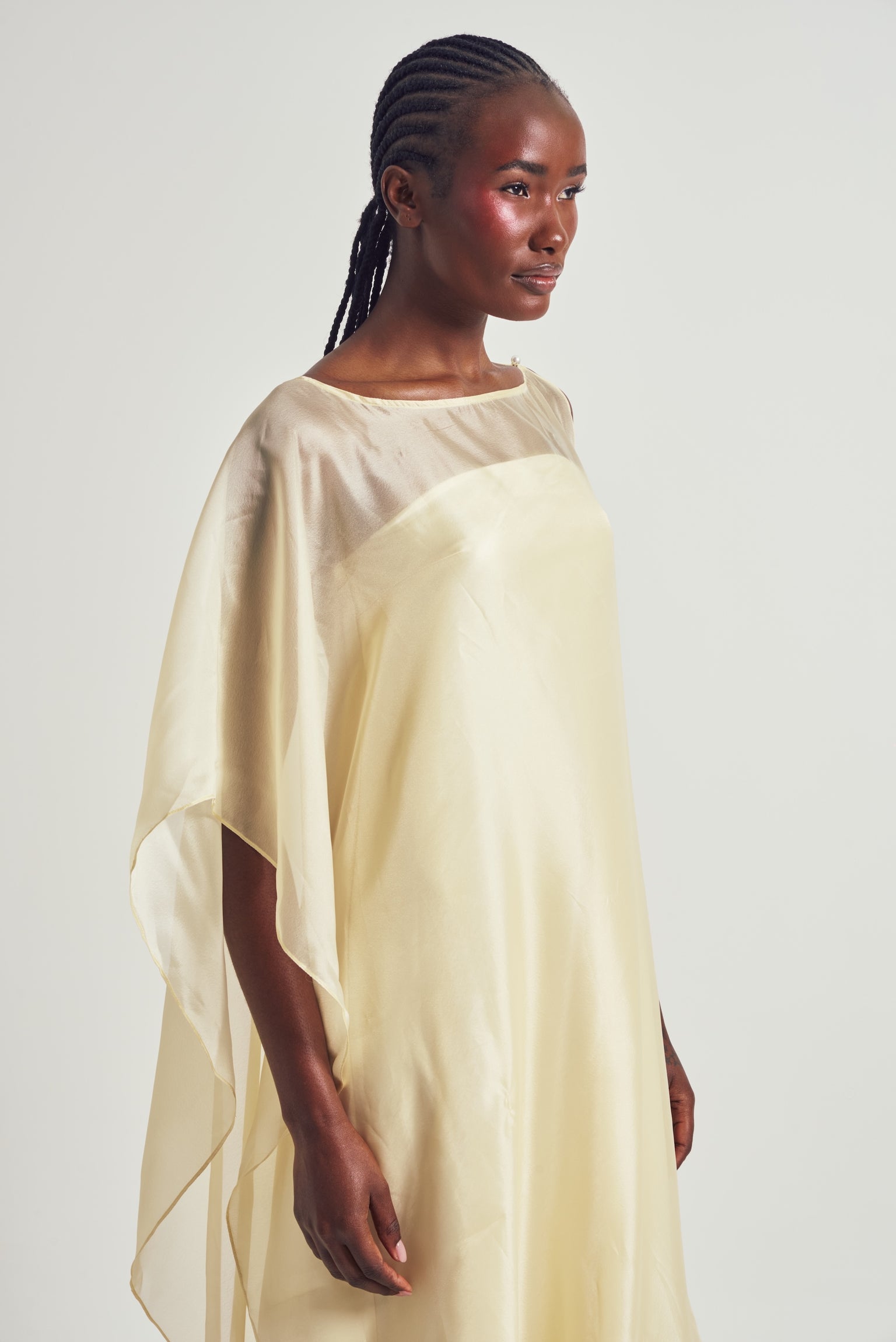 Strapless Satin Maxi Dress With Sheet Cape Overlay