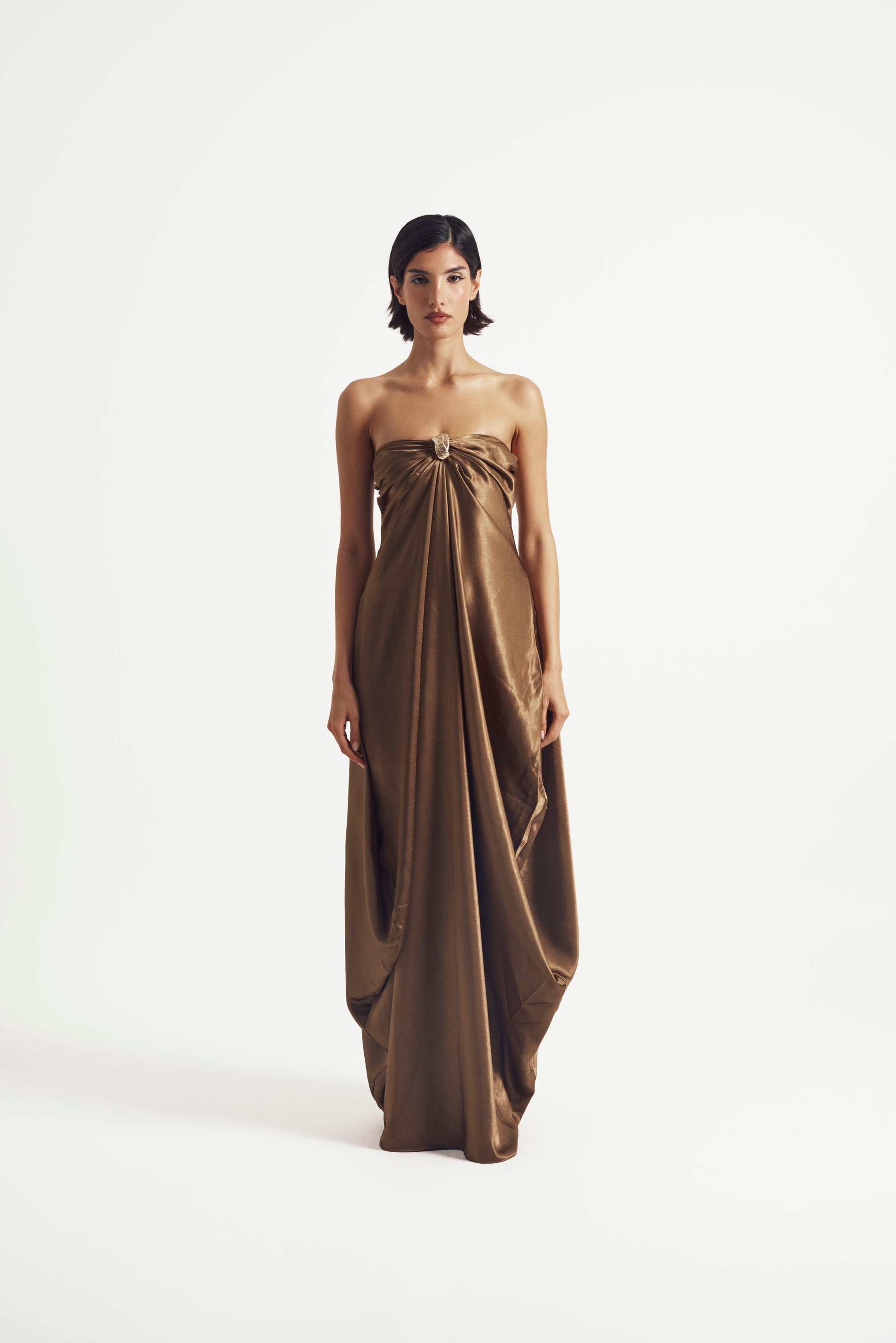 Strapless Draped Satin Gown with Metal Accent