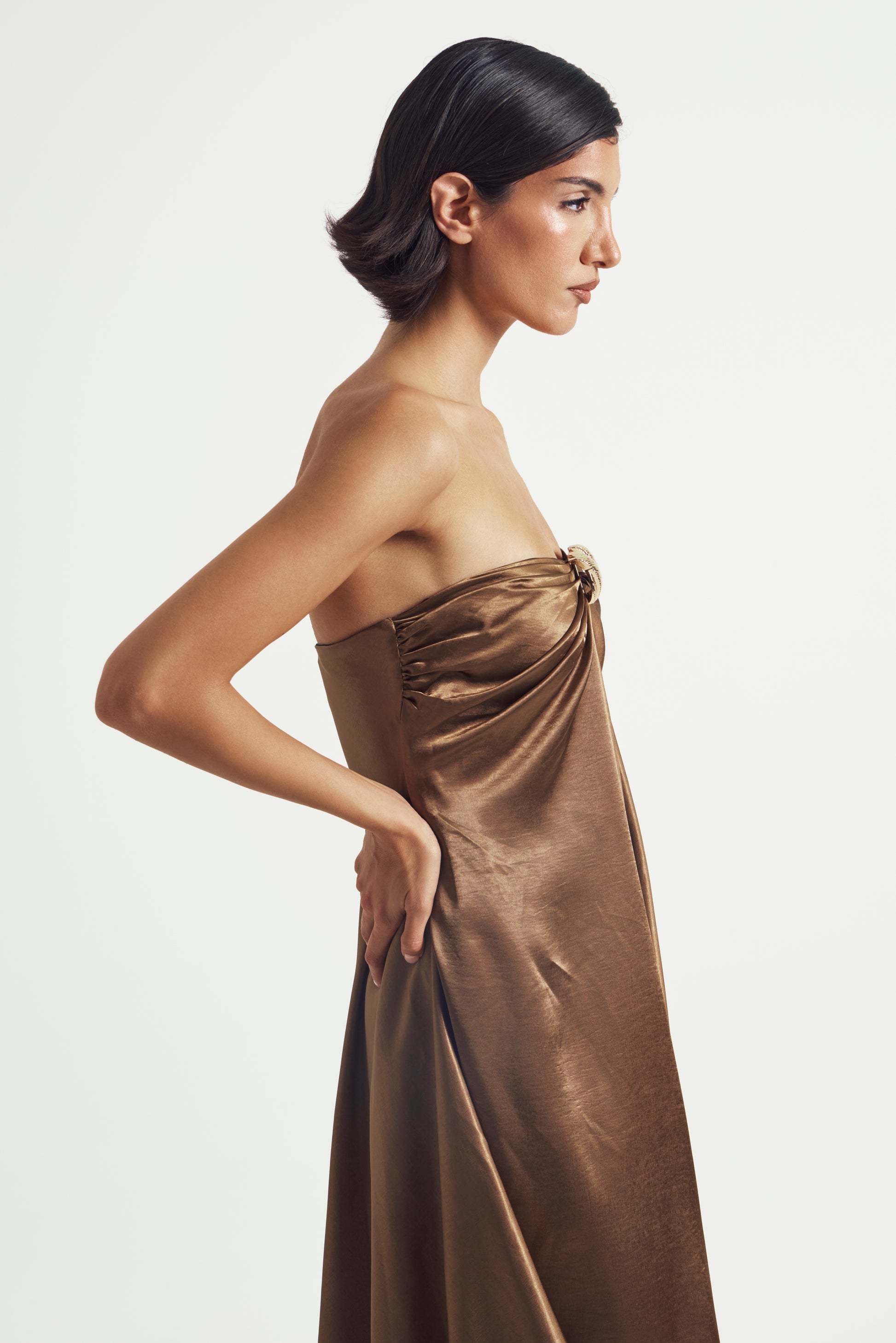 Strapless Draped Satin Gown with Metal Accent