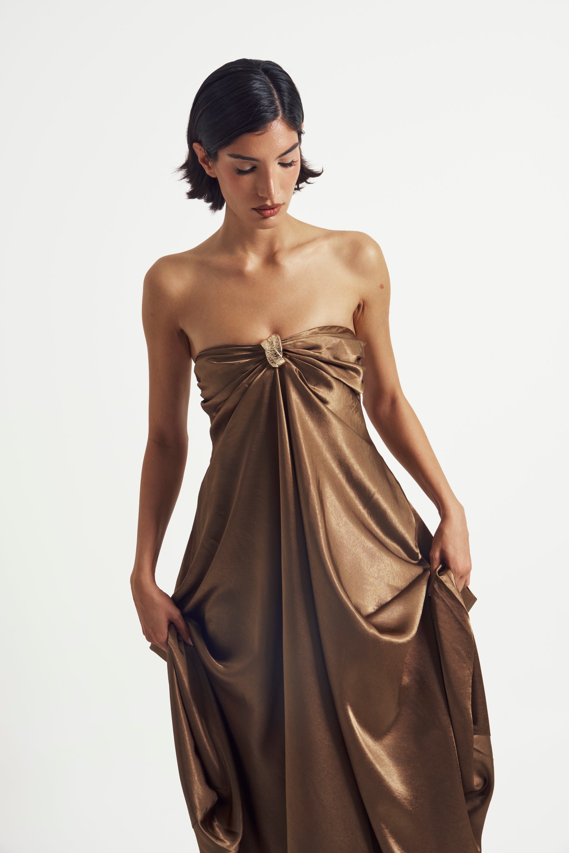 Strapless Draped Satin Gown with Metal Accent