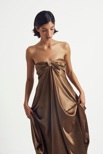 Strapless Draped Satin Gown with Metal Accent