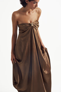 Strapless Draped Satin Gown with Metal Accent
