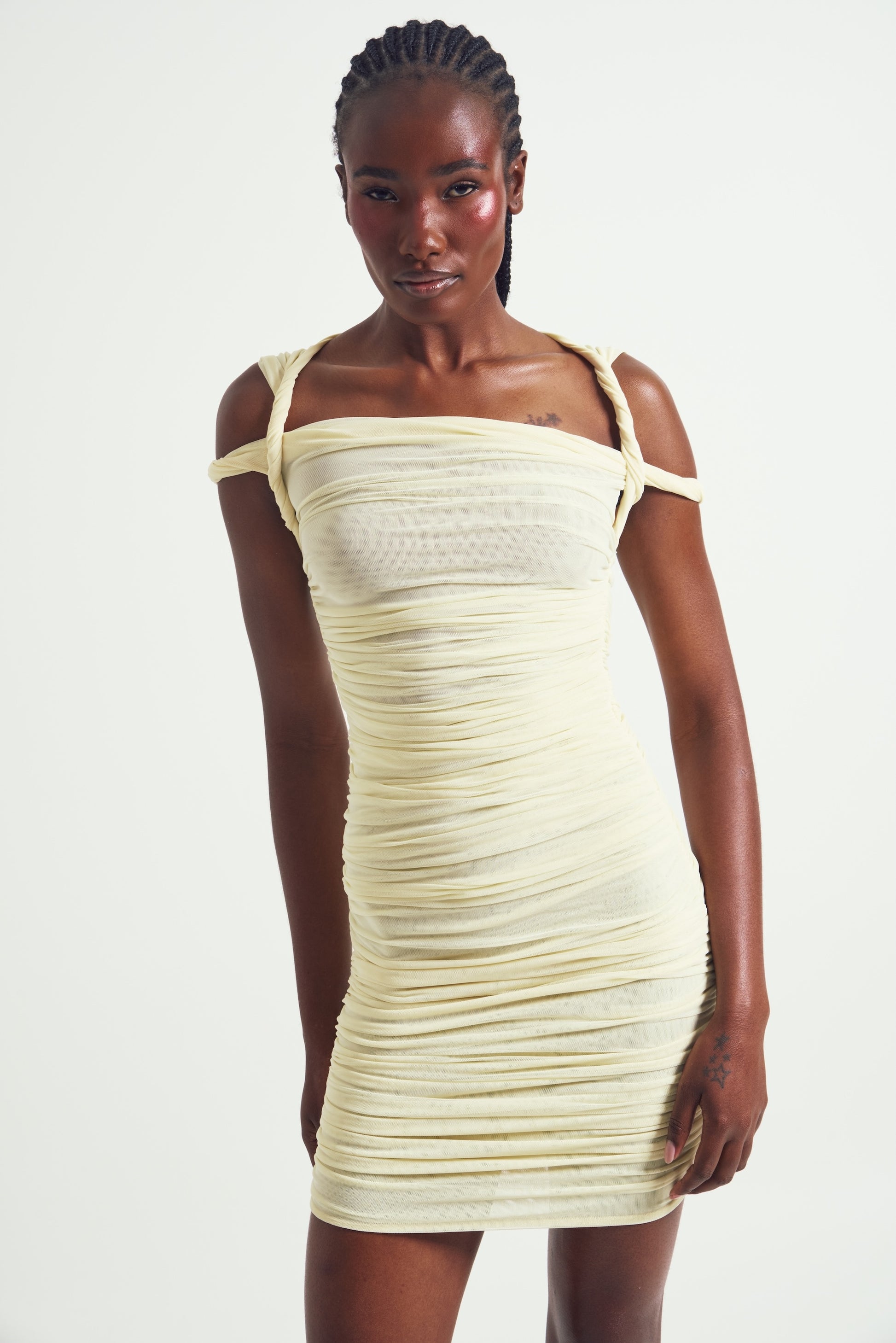 Celeste Ruched Mesh Mini Dress