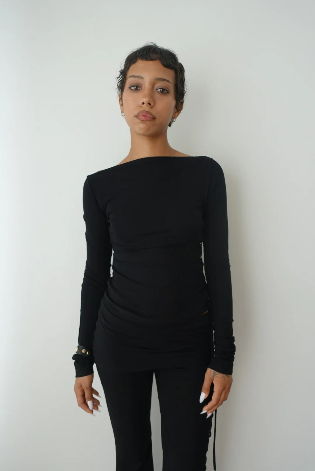 THALIA LACE UP LONG SLEEVE TOP - MIDNIGHT BLACK