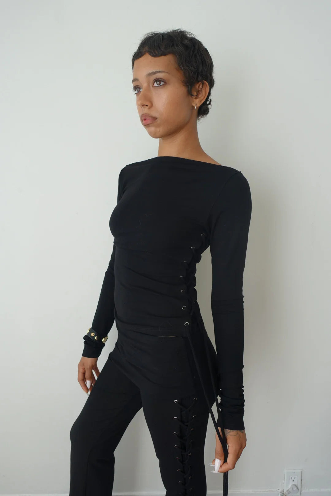 THALIA LACE UP LONG SLEEVE TOP - MIDNIGHT BLACK