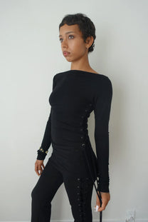 THALIA LACE UP LONG SLEEVE TOP - MIDNIGHT BLACK