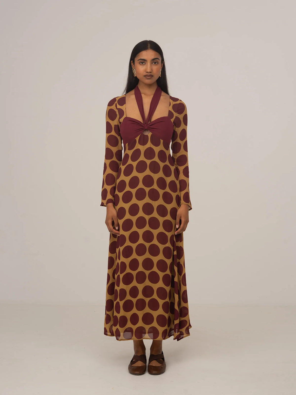 Eternal Yellow and Burgundy Polka Dot Long Occasion Dress