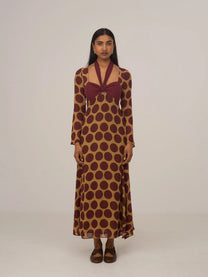Eternal Yellow and Burgundy Polka Dot Long Occasion Dress