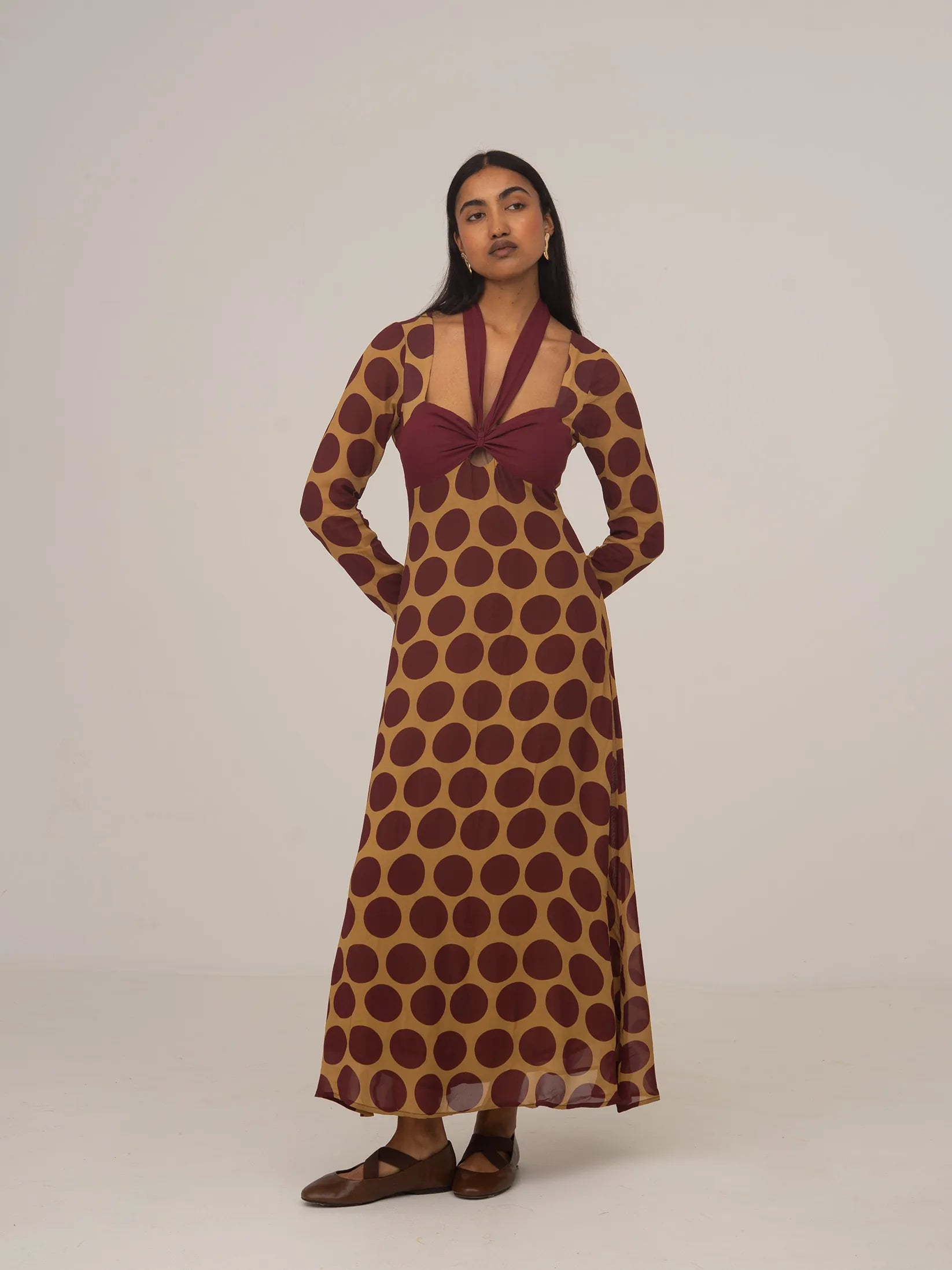 Eternal Yellow and Burgundy Polka Dot Long Occasion Dress