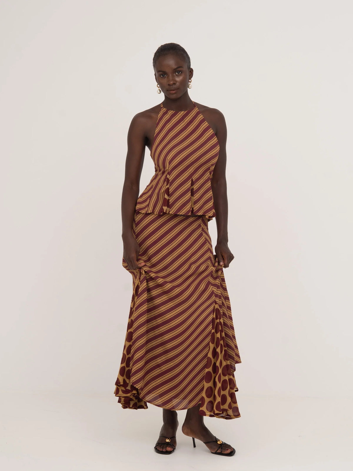 Immortal Burgundy and Yellow Contrast Stripes and Polka Dot Occasion Top