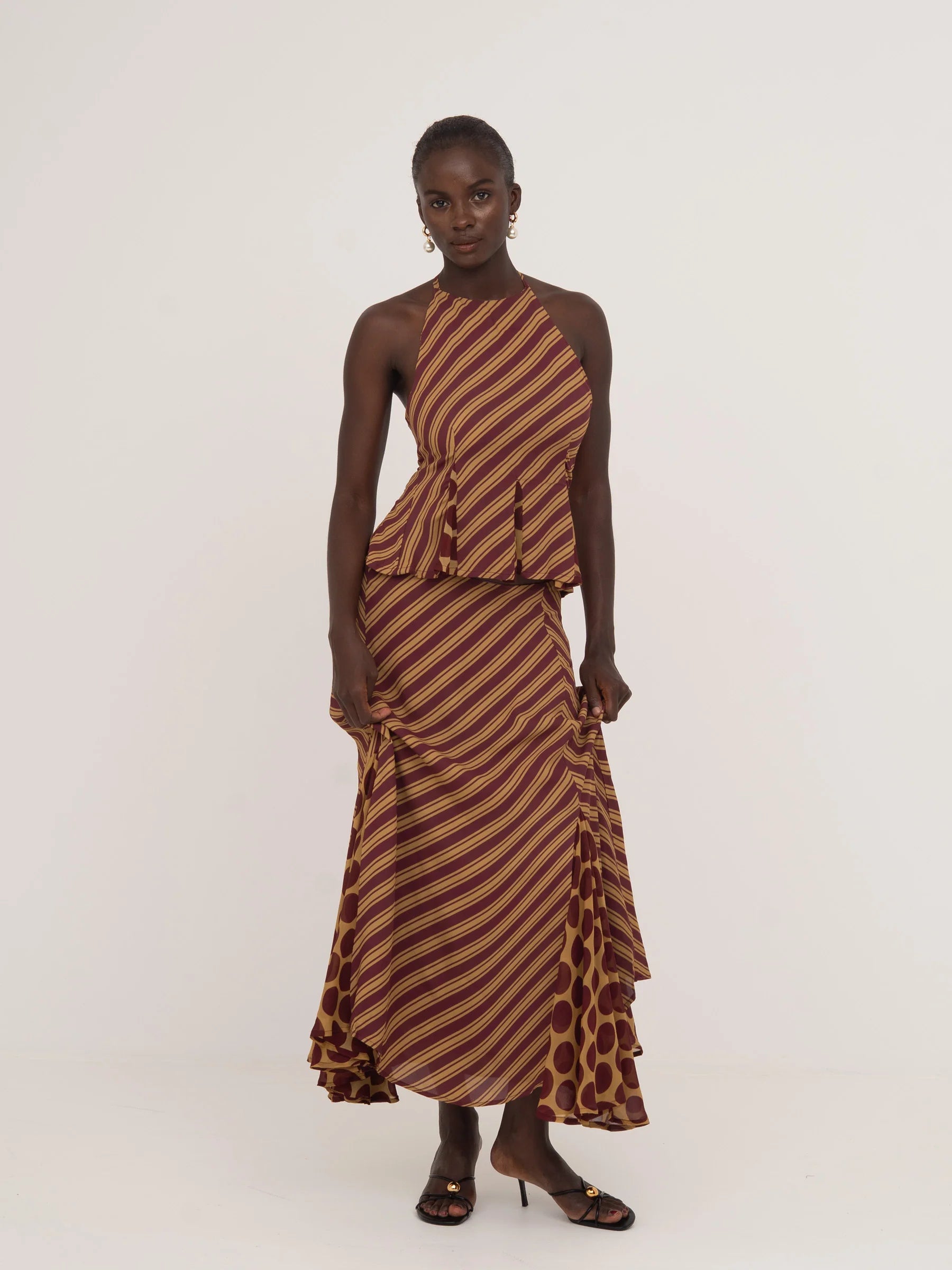 Immortal Burgundy and Yellow Contrast Stripes and Polka Dot Occasion Top