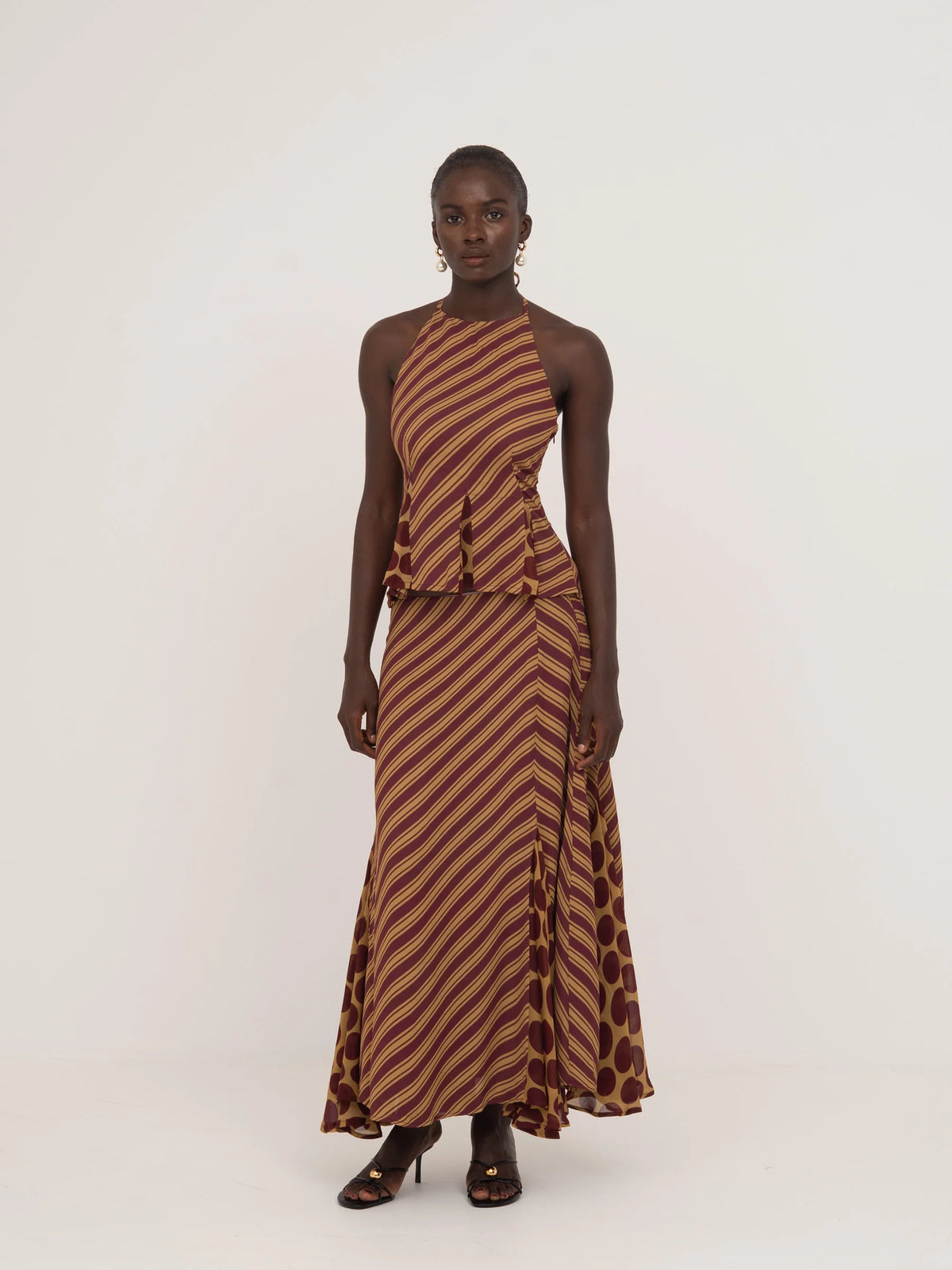 Immortal Burgundy and Yellow Contrast Stripes and Polka Dot Occasion Skirt