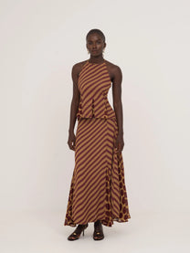 Immortal Burgundy and Yellow Contrast Stripes and Polka Dot Occasion Skirt