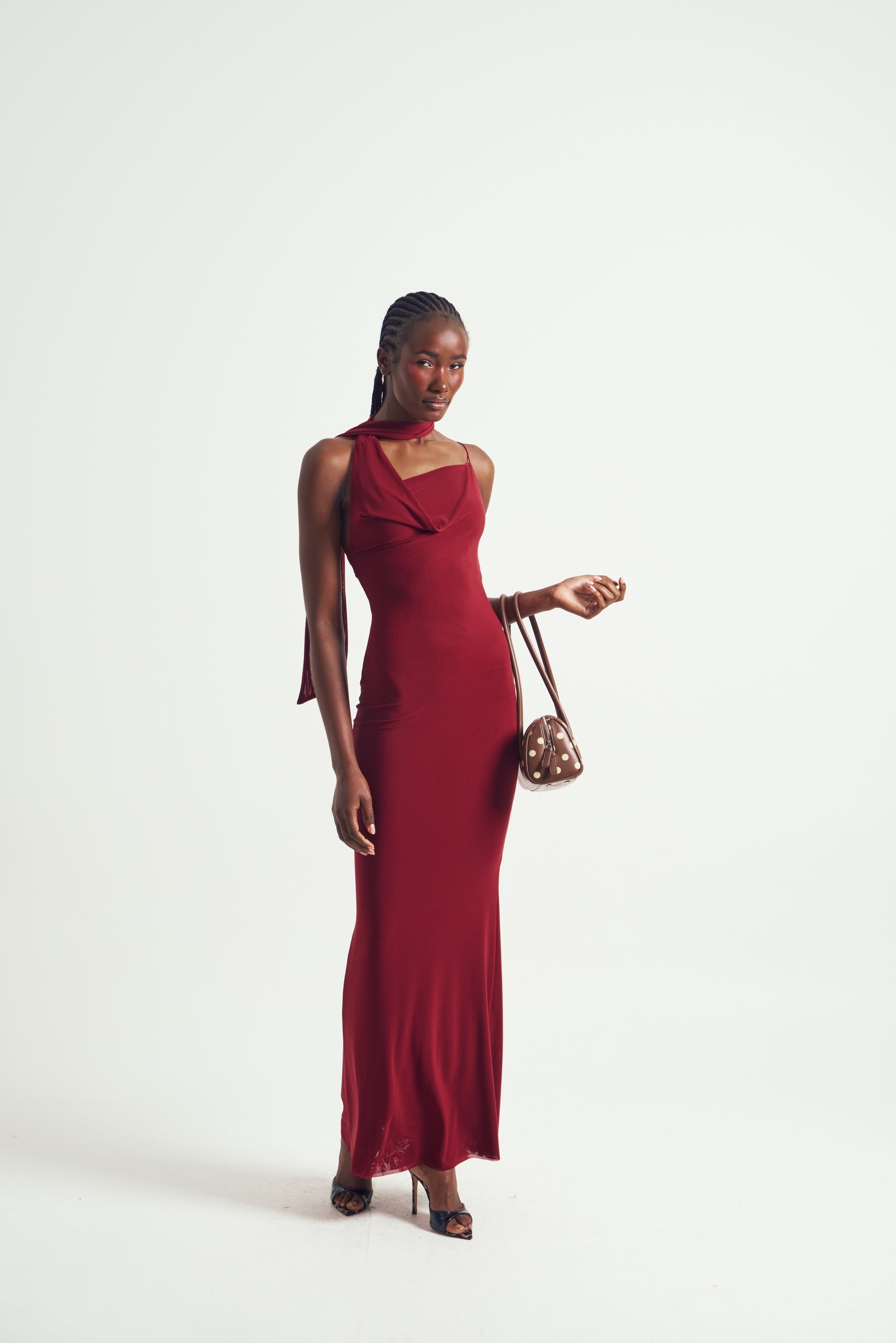 Mesh Halter-Neck Cowl Gown