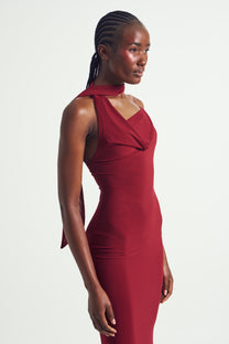 Mesh Halter-Neck Cowl Gown