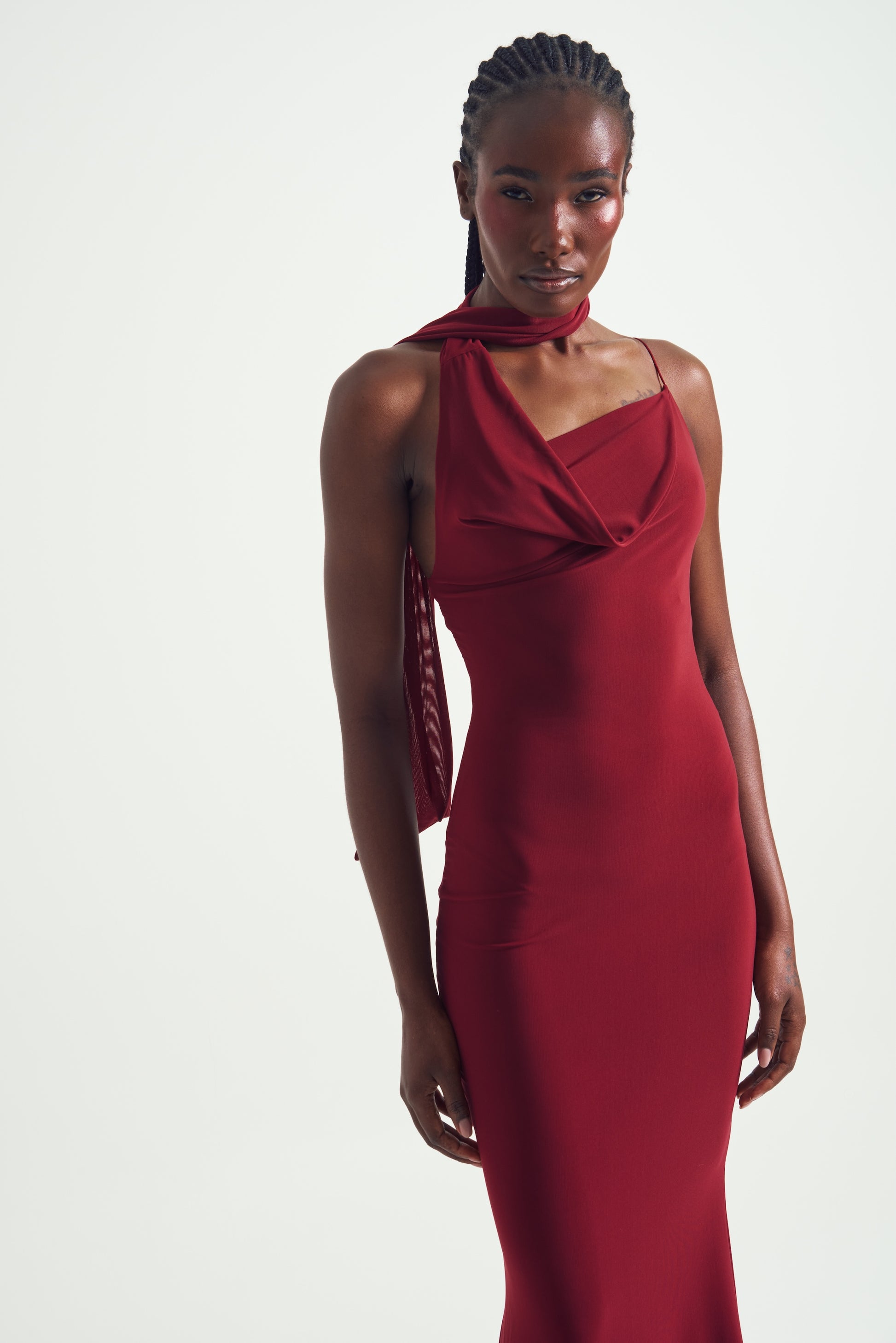 Mesh Halter-Neck Cowl Gown