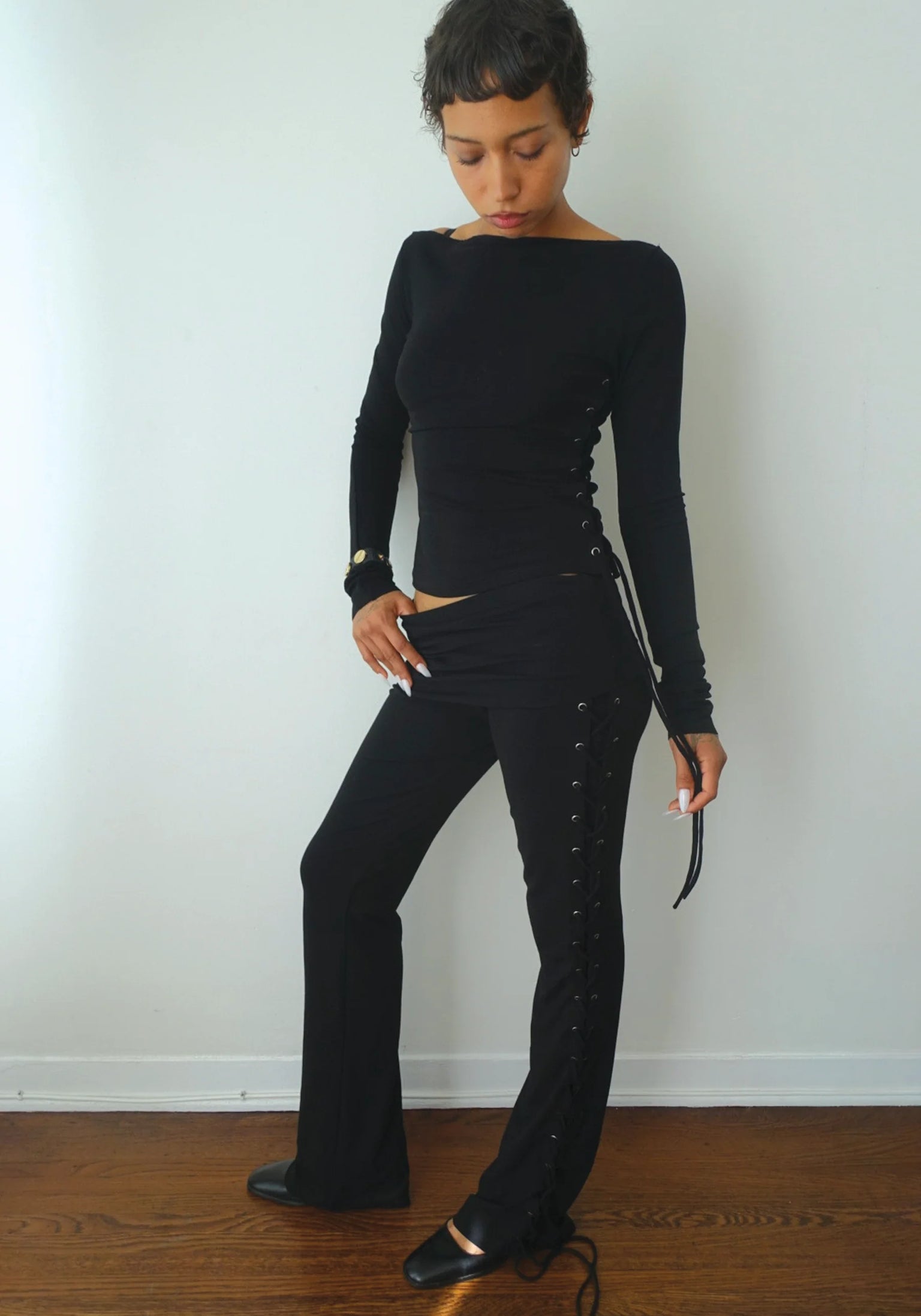 THALIA LACE UP PANTS - MIDNIGHT BLACK